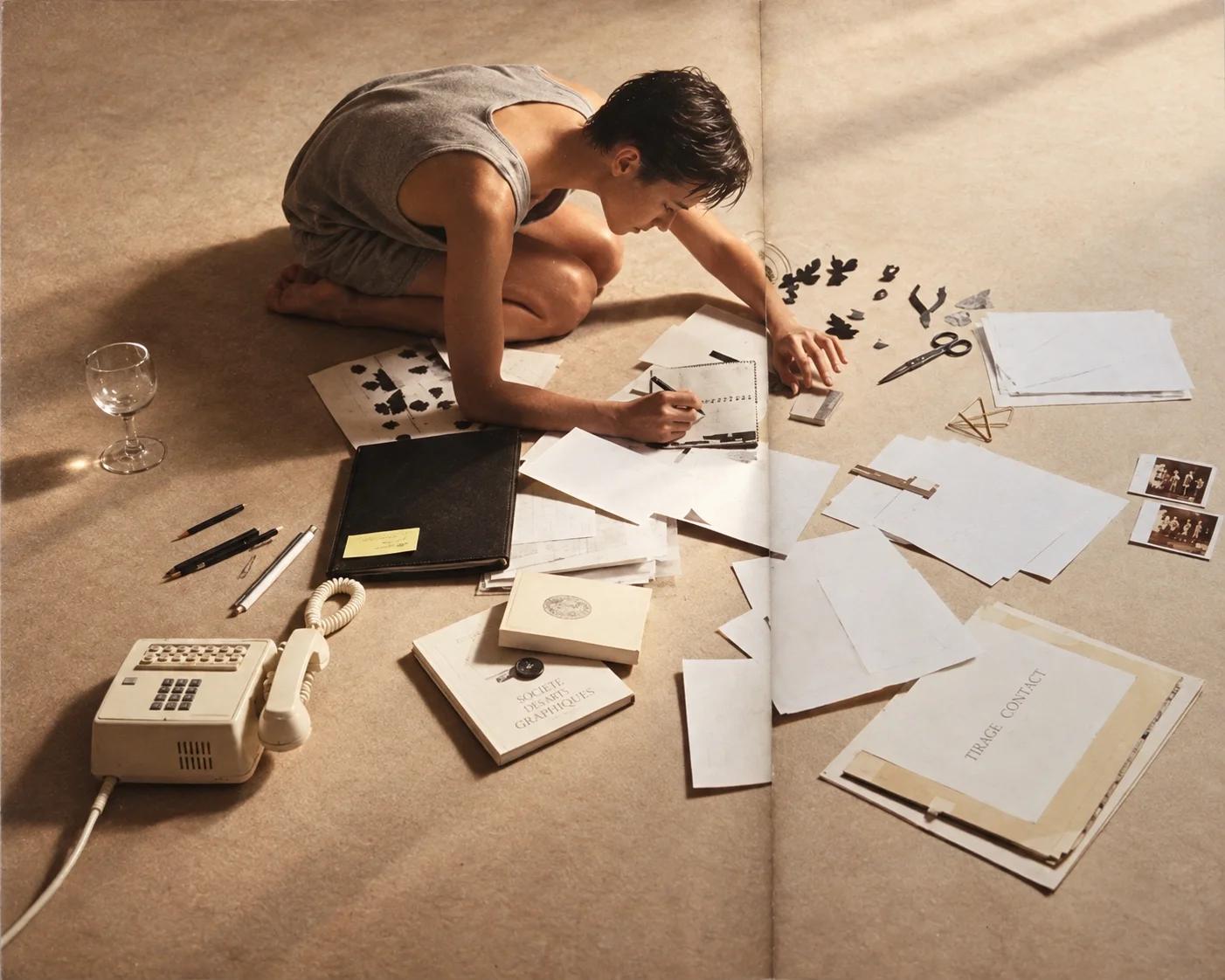 A creative at work on the floor among papers, notes and a telephone