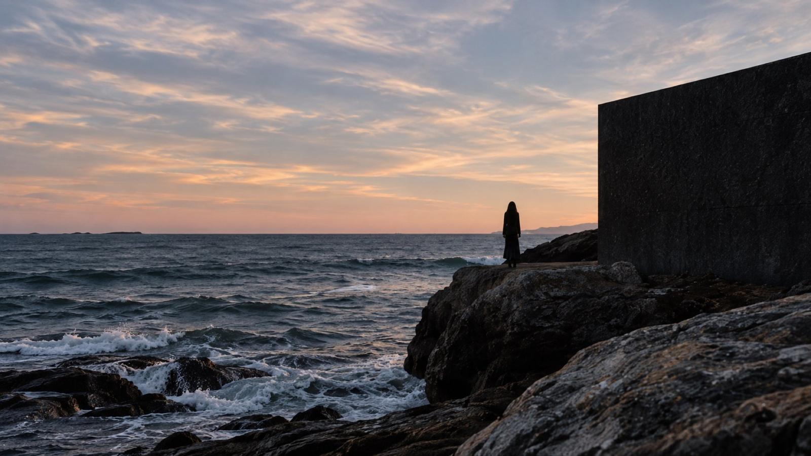 A figure on the rocks by a concrete building at dusk