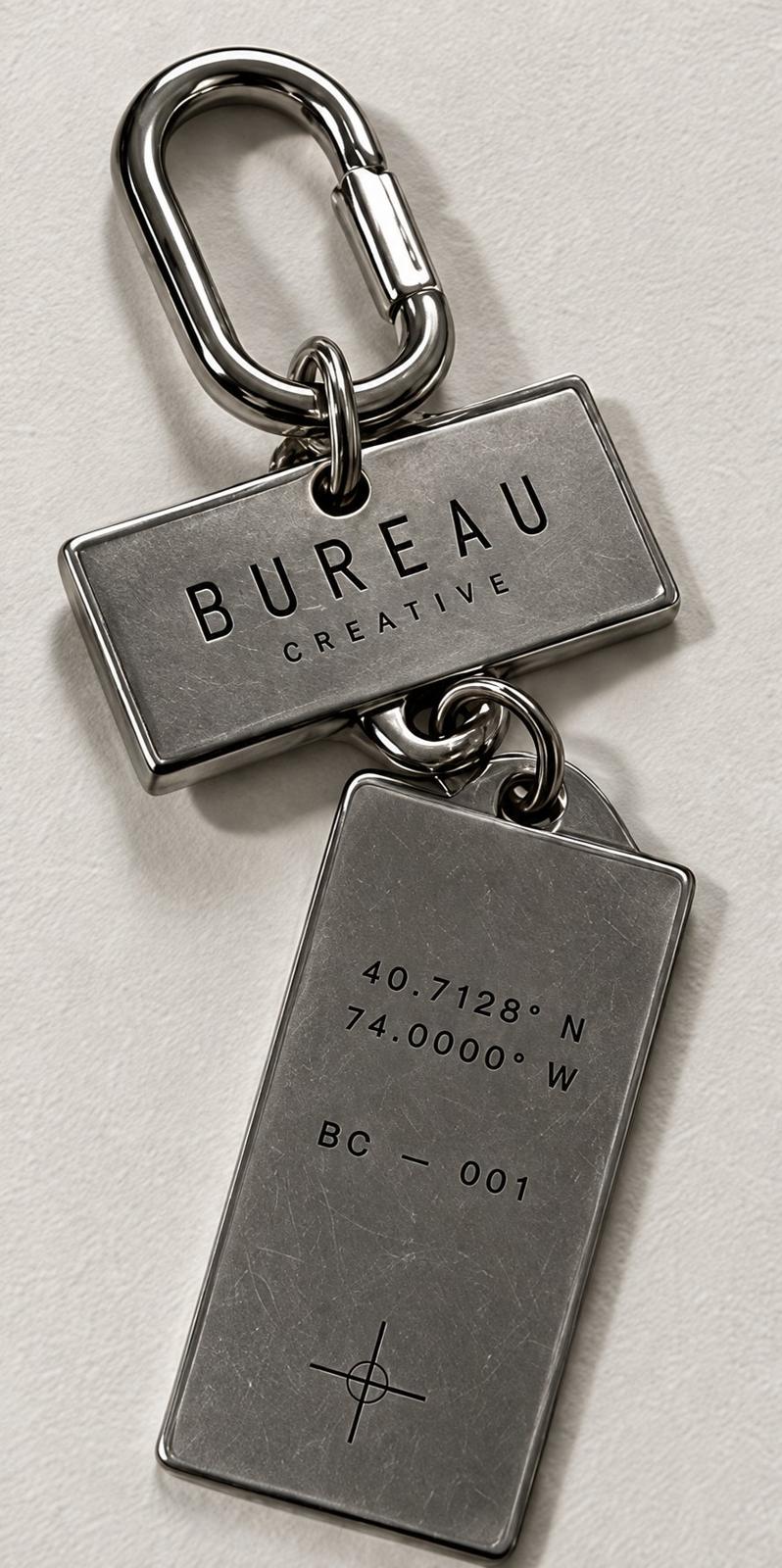 A metal Bureau keyring and tags